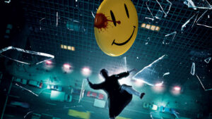 CGI image of the Comedian falling from a building, a traffic-congested street below, the bloody smiley face button above him.