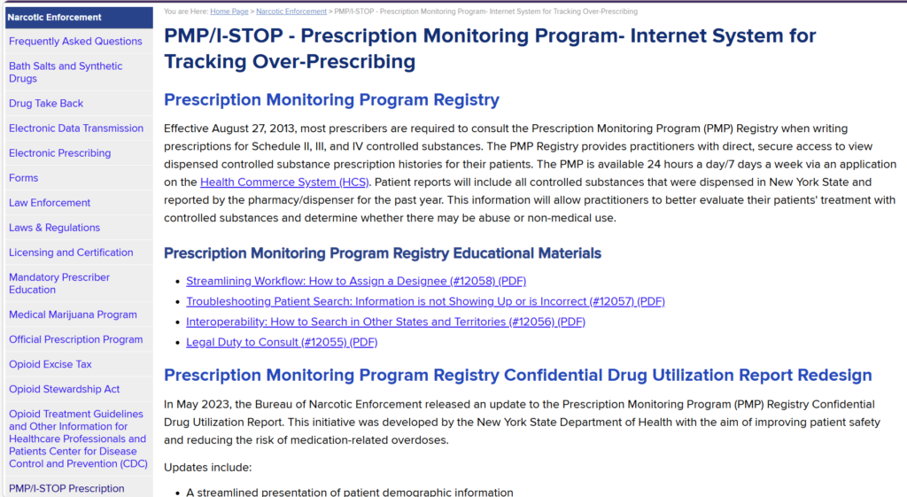 Screenshot from I-Stop/PMP website.