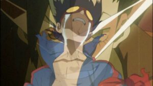 Simon, crying, superimposed over a faded image of Kamina's face.