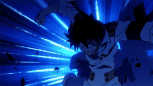 Simon against blue motion blur punching Rossiu in the face.