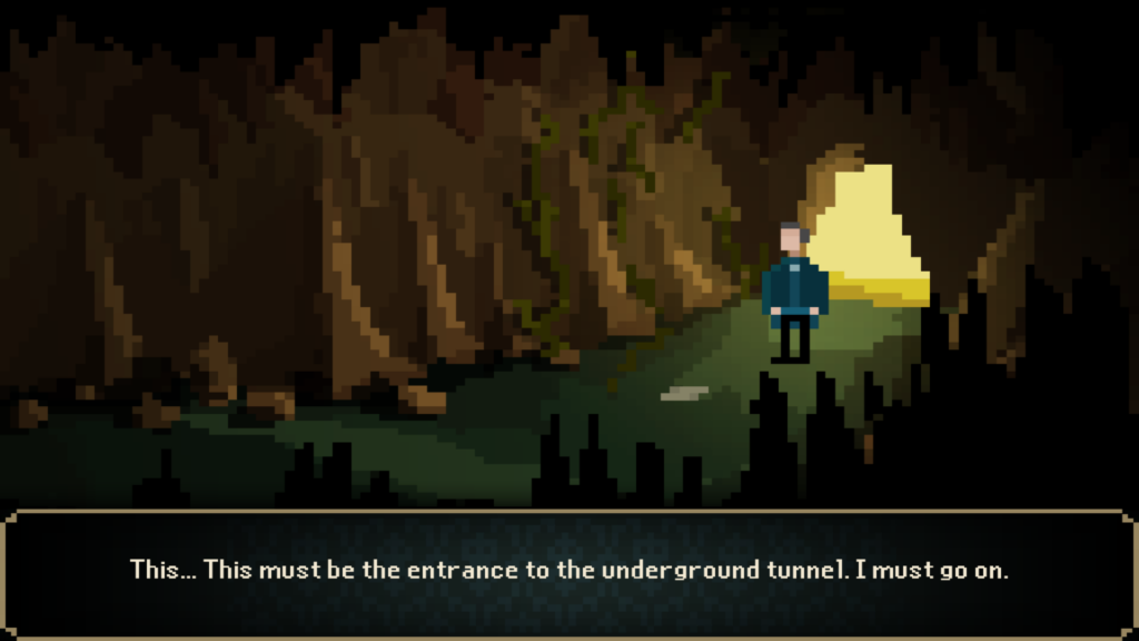 Screenshot from The Last Door showing a pixelated cave with a man entering it, thinking to himself, "This... This must be the entrance to the underground tunnel. I must go on."