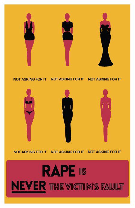 A poster of red women's silhouettes dressed in different black clothes, each captioned "Not Asking for It," against a yellow background. At the bottom, the poster reads in black text on a red background: "Rape is never the victim's fault" (never underlined)