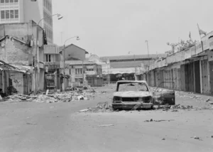 Photo of a bombed street in Sri Lanka, Black July 1983.