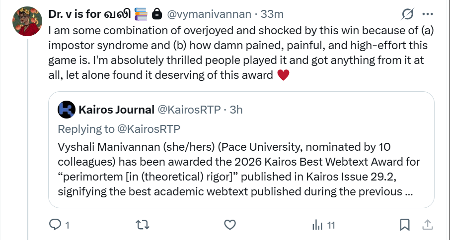 Screenshot of Twitter announcement of Kairos Best Webtext Award.