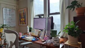 A cluttered desktop with dual monitors in front of double windows, with houseplants, paintings, and a whiteboard nearby.