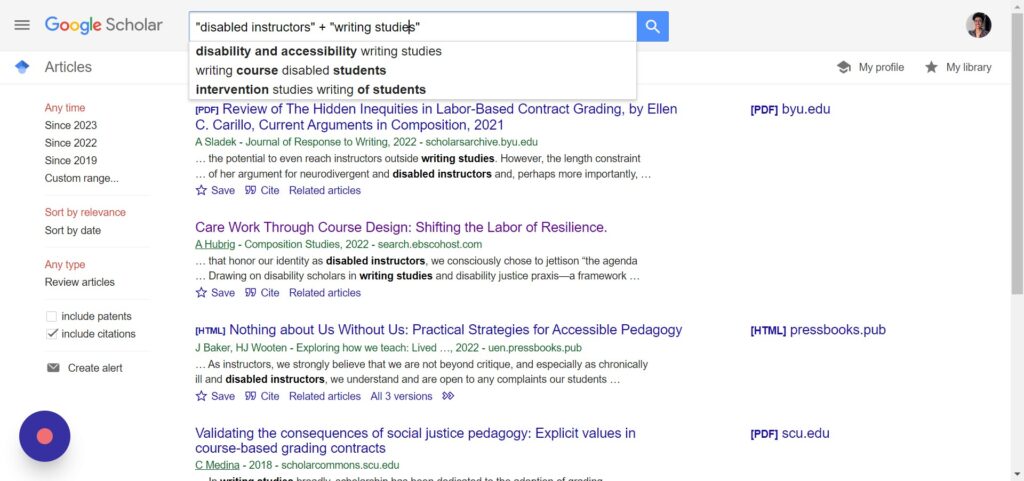 Screenshot of Google Scholar results