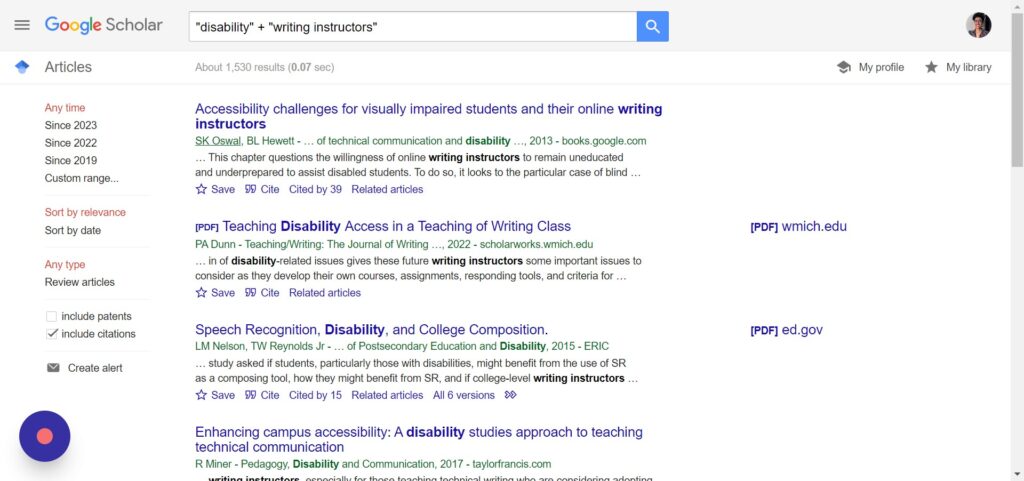 Screenshot of Google Scholar